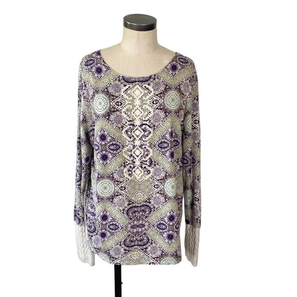 Sundance Catalog Veda Embroidered Front Top XL Cable Knit Cuff Tile Print - Picture 1 of 10